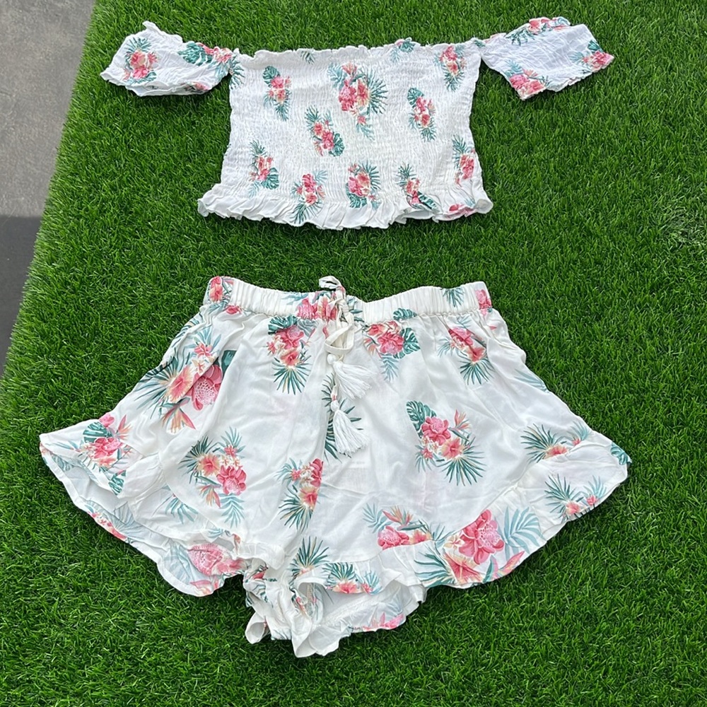 White Floral Off-Shoulder Swim Coverup Set